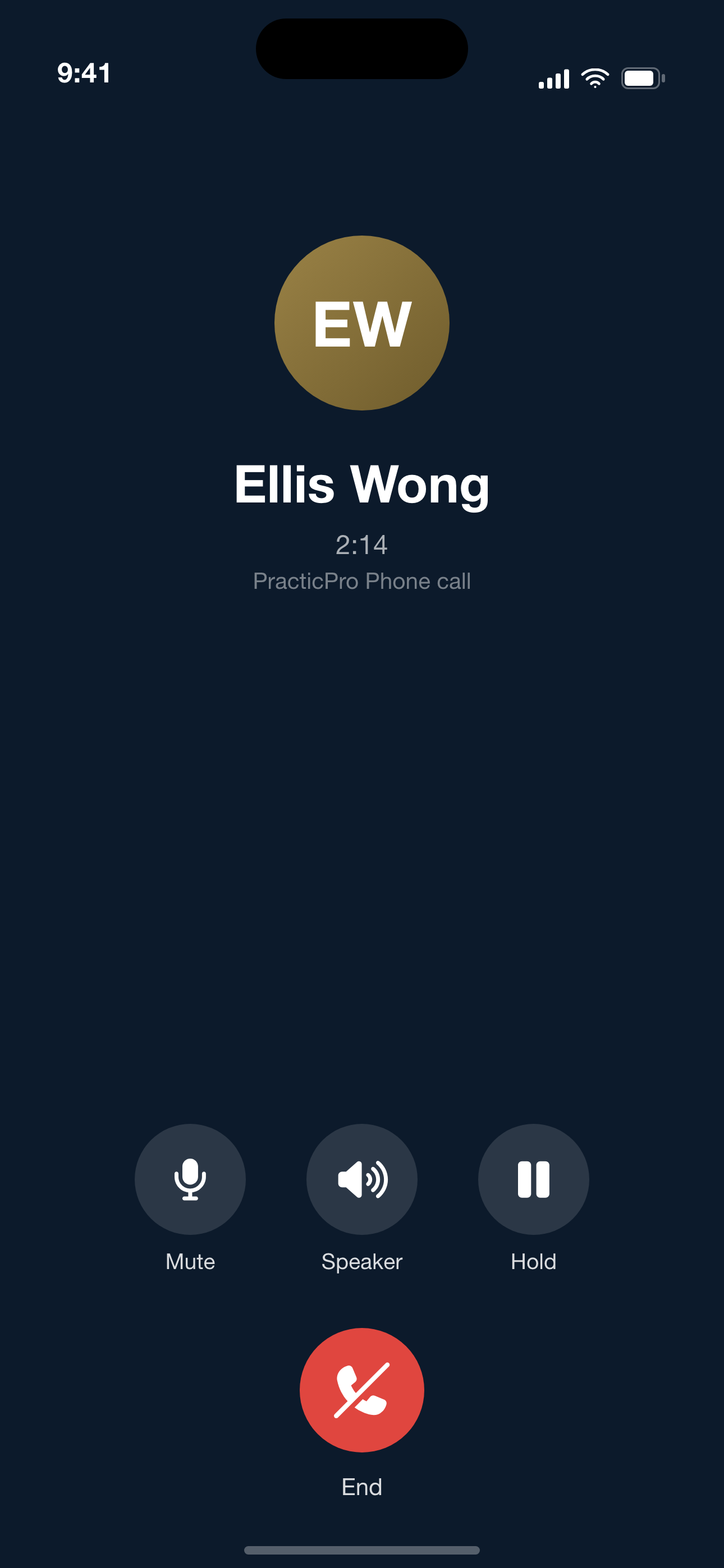 The actual PracticPro Phone app during a call with Ellis Wong, with mute, speaker, hold, and end call controls.